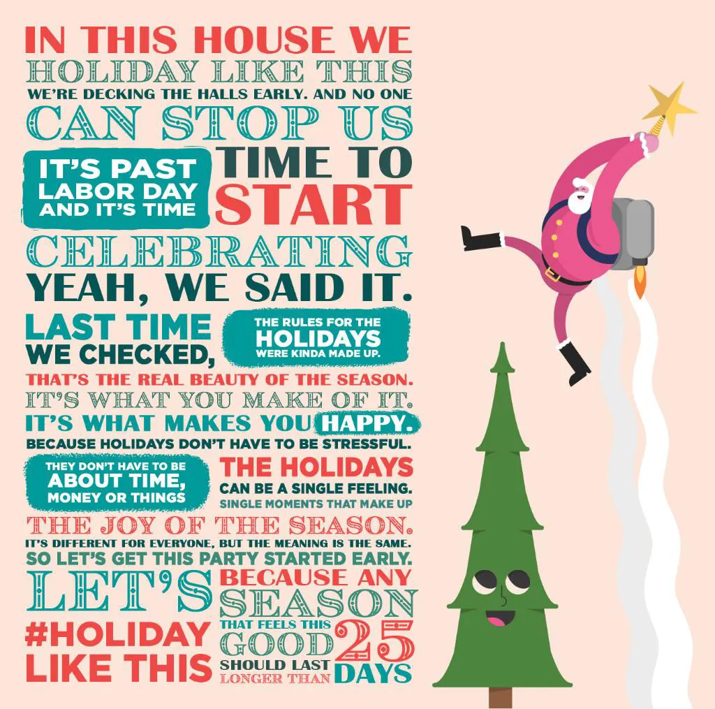 Colorful Holidays vs. HHN social campaign artwork featuring seasonal typography and illustrated characters.
